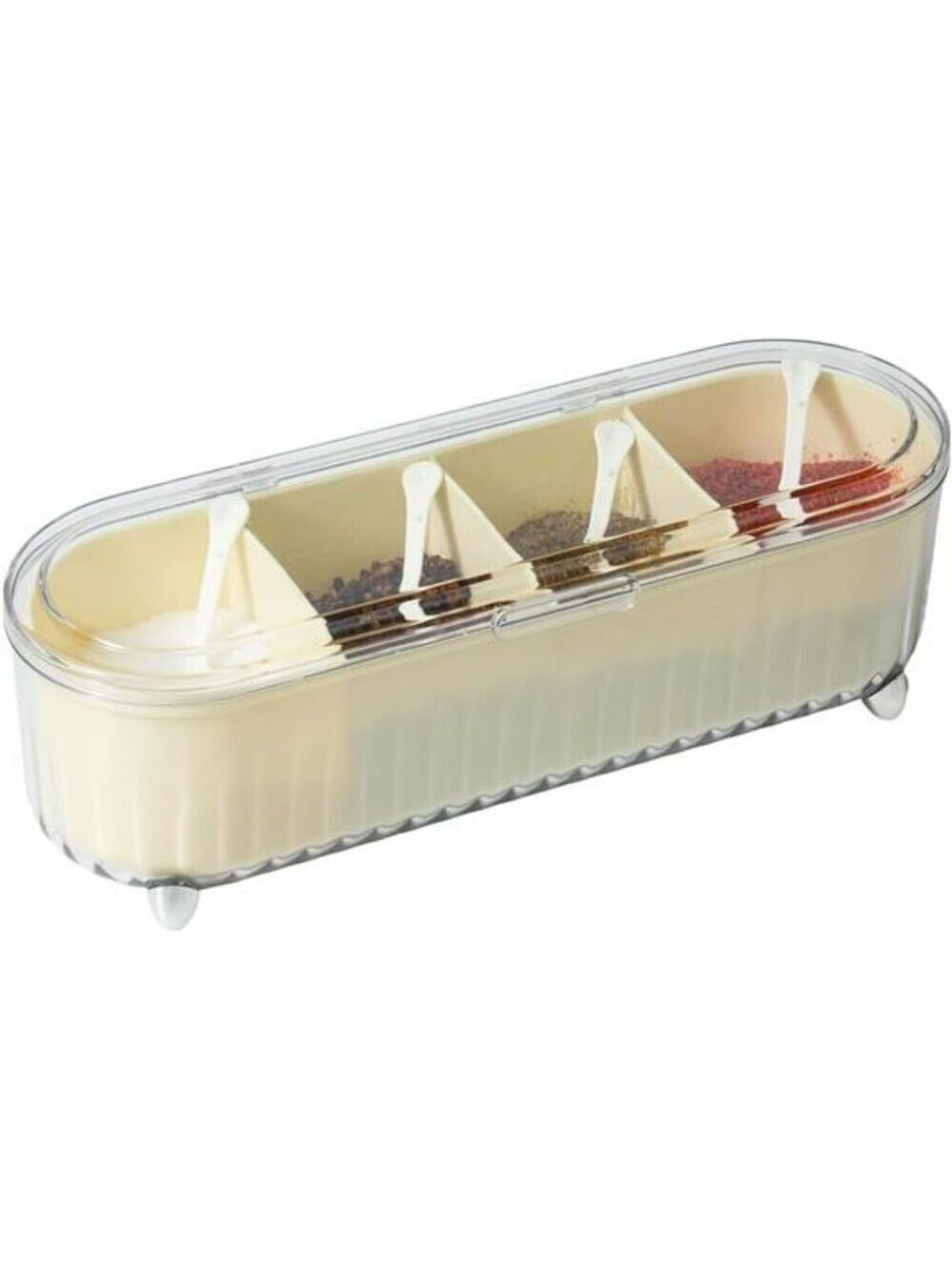 Clear spice organizer box with 4 compartments lids and spoons kitchen storage se
